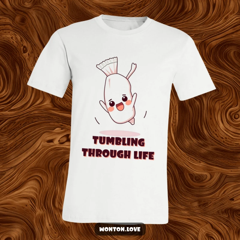 Funny t-shirt showcasing an excited wonton wrapper performing a dynamic somersault, full of joy and energetic motion.