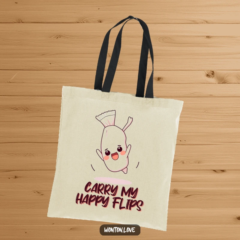 Funny tote bag featuring an excited wonton wrapper performing a somersault, designed for carrying items with a humorous touch.
