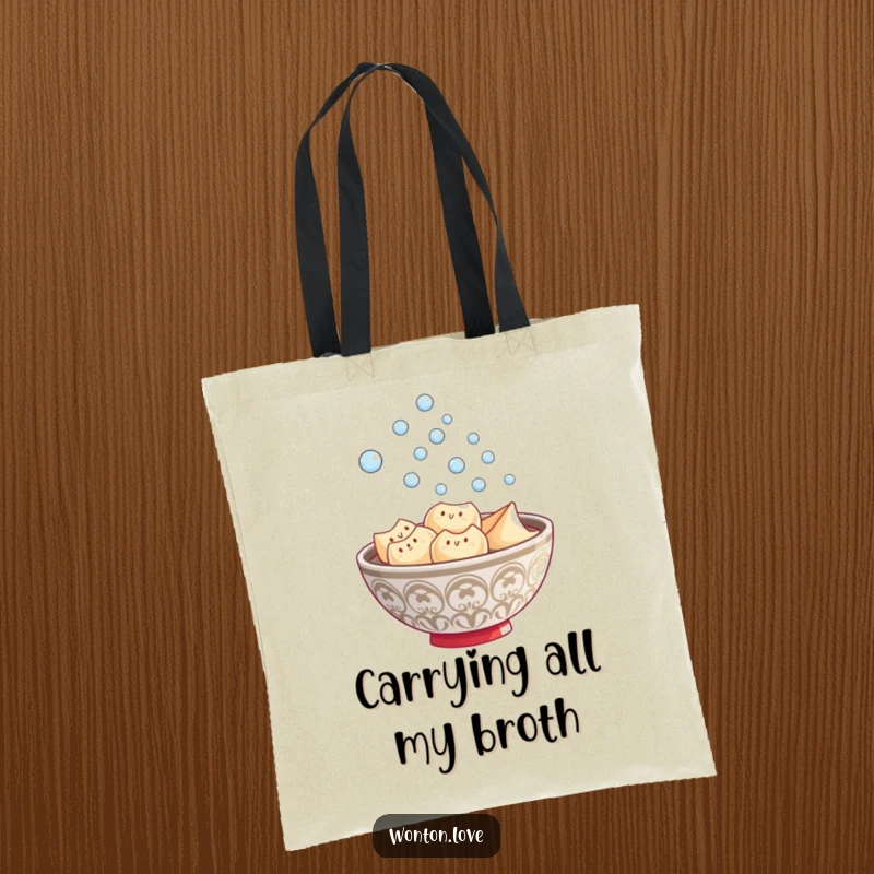 Funny Wonton Steam Tote Bag featuring a steaming bowl of wontons with rising bubbles, great for market trips.