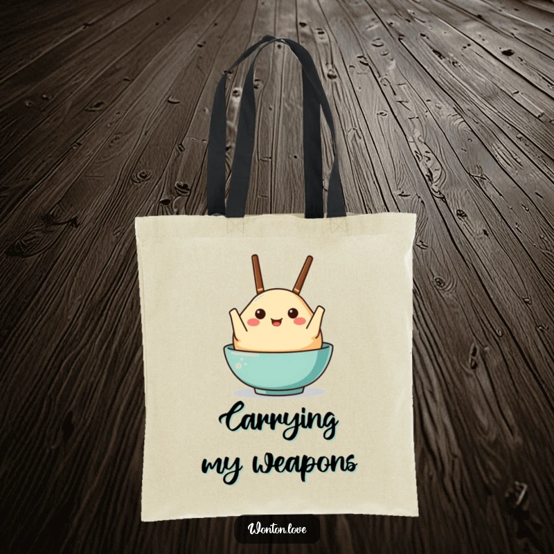 Funny tote bag with a wonton character holding tiny chopsticks as arms, perfect for shoppers who love humor.