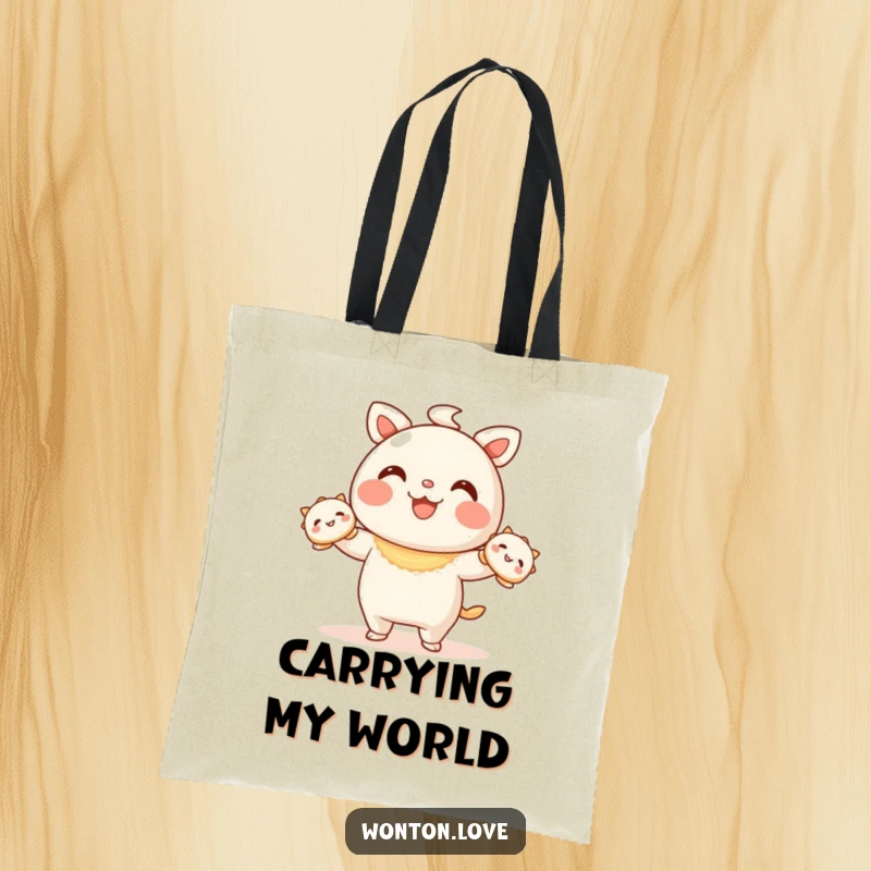 Funny Wonton Juggling Tote Bag showing a wonton character juggling happy dumplings, great for shopping.