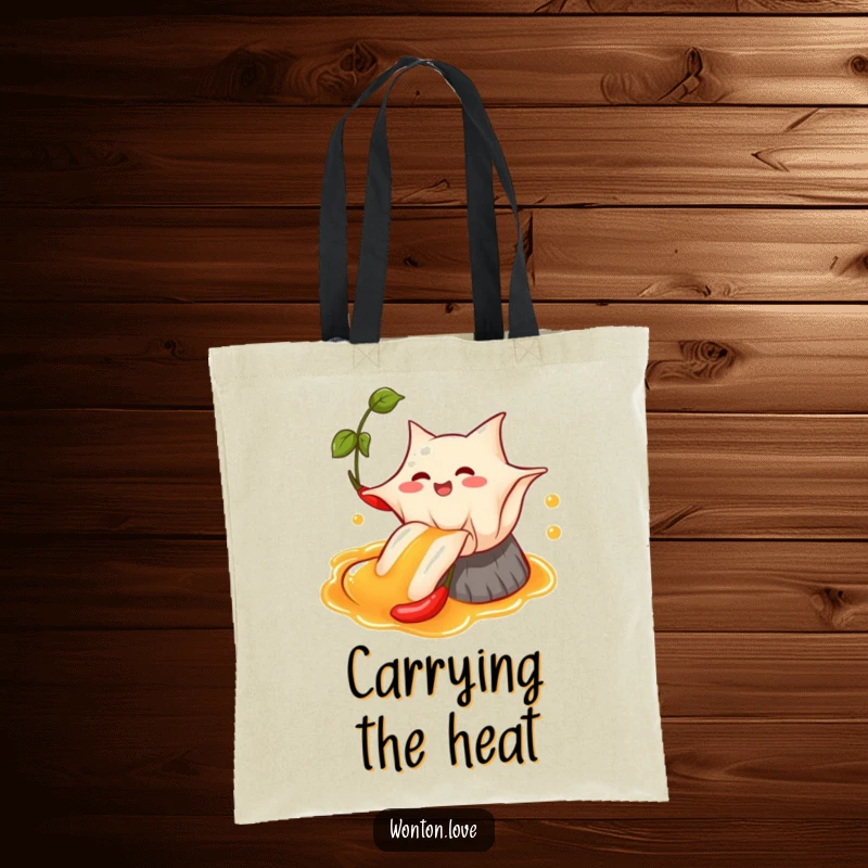 Funny Wonton Chili Oil Tote Bag showing a wonton sliding down chili oil, a bold and fun accessory.