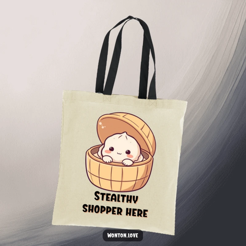Funny Shy Dumpling Tote Bag featuring a shy baozi peeking from a bamboo steamer, ready for errands.