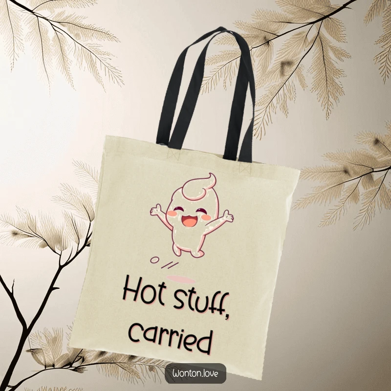 Funny tote bag with a wonton character leaping joyfully, leaving a steam trail, perfect for shoppers.