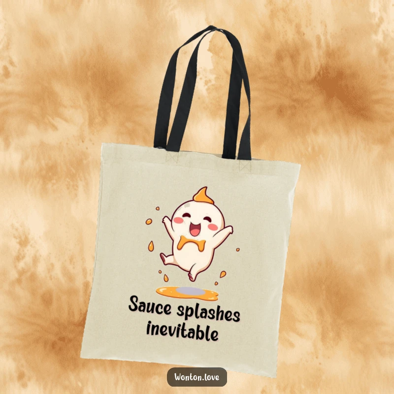 Funny Tote Bag showing a happy wonton character in mid-cartwheel with sauce splashes, ideal for carrying items with splashy, humorous flair.