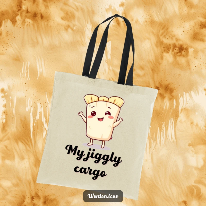 Funny tote bag with a smiling wonton wrapper character doing a cheerful jig, perfect for shoppers who love fun.