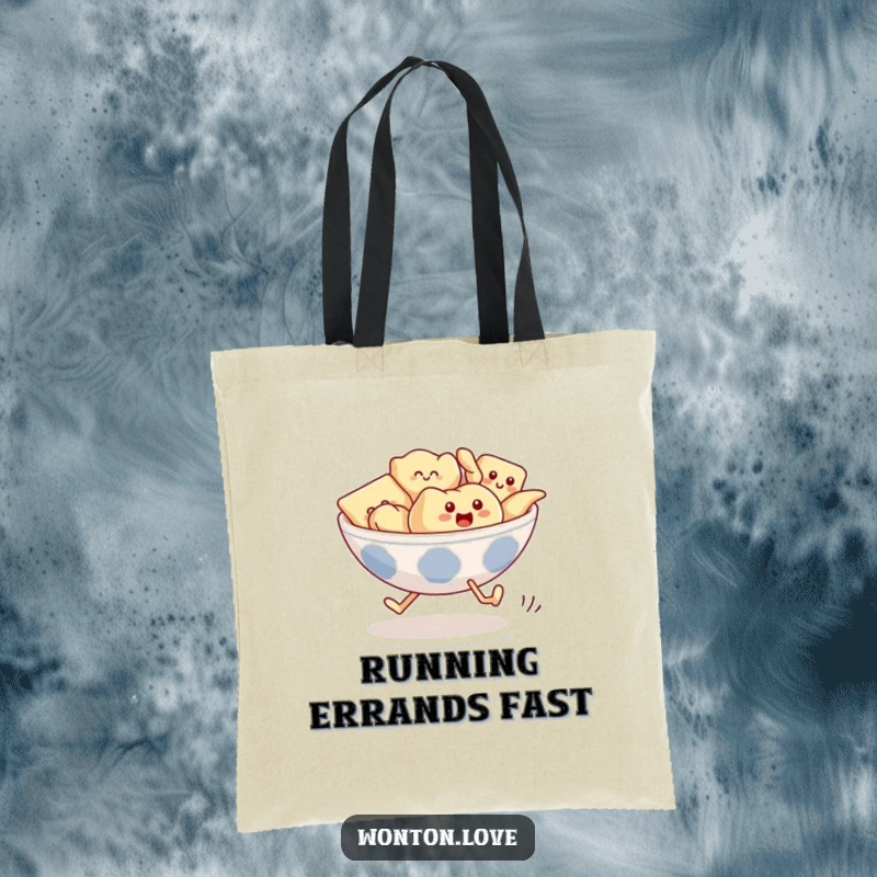 Funny Wonton Race Tote Bag showing a bowl of wontons with legs comically running, ready for shopping.